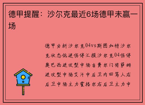 德甲提醒：沙尔克最近6场德甲未赢一场